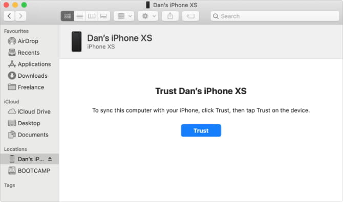 Trust iPhone option in Finder on Mac sZCovLfs DzTechs | كيفية نقل جهات الاتصال من iPhone إلى iPhone آخر