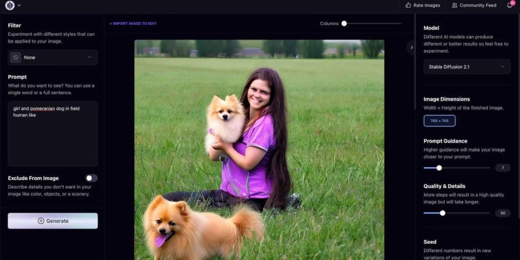 إنشاء صورة لبنت تلعب مع الكلاب بواسطة الذكاء الاصطناعي