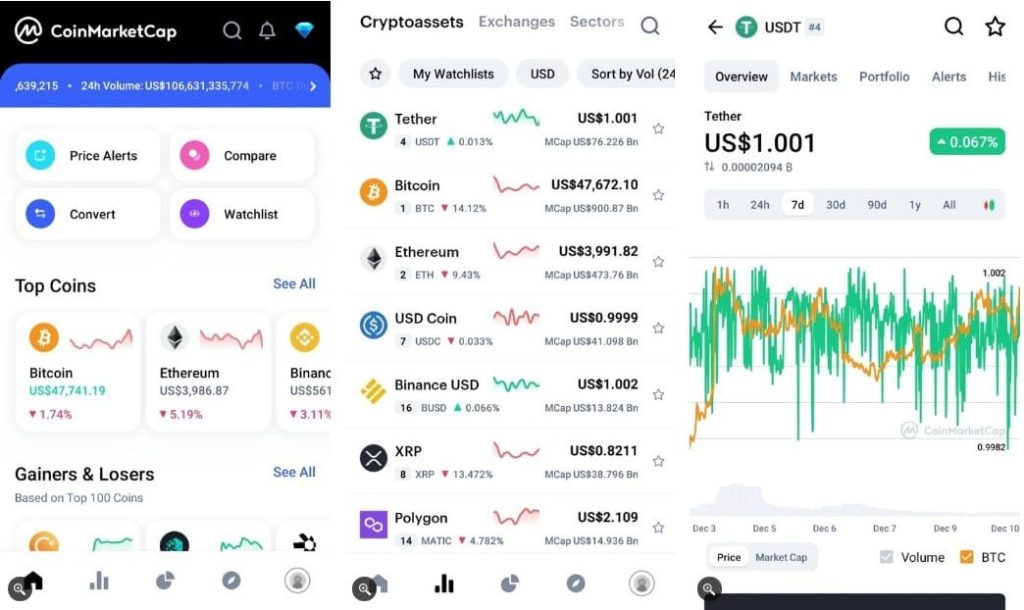 واجهة تطبيق CoinMarketCap والميزات التي يُقدمها