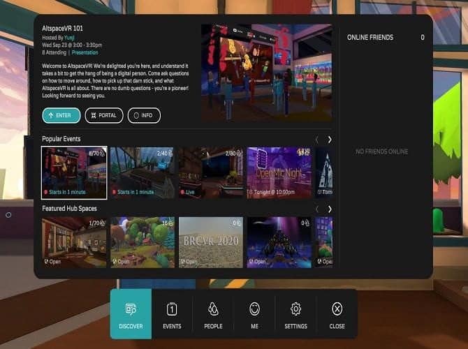 التنقل في خيارات القائمة الرئيسية لـ AltSpaceVr