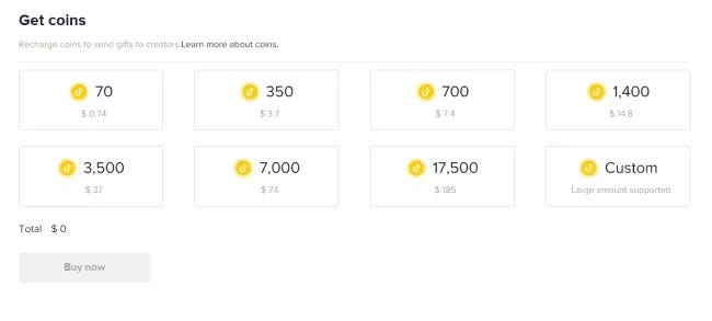 TikTok coins price.