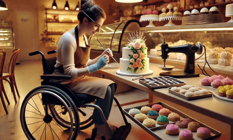 A disabled female cake decorator in a wheelchair, skillfully designing a cake in a professional bakery. Easy Jobs for Disabled Adults.