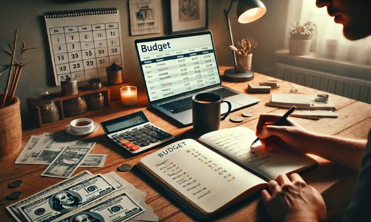 شخص يقوم بموازنة النفقات في المنزل باستخدام آلة حاسبة ودفتر وفواتير، مما يُظهر كيفية إدارة أموالك بفعالية.