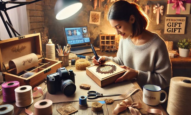 A female artisan personalizing a handcrafted gift in a cozy workshop, illustrating Weekend Part-Time Jobs in custom gifts.