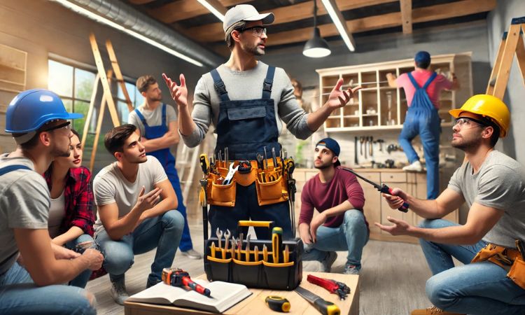 مُدرِّب تحسينات المنازل بنظام DIY يُقدِّم شرحاً لتقنيات الإصلاح لمجموعة، وهو خيار مثالي لوظائف نهاية الأسبوع بدوام جزئي.