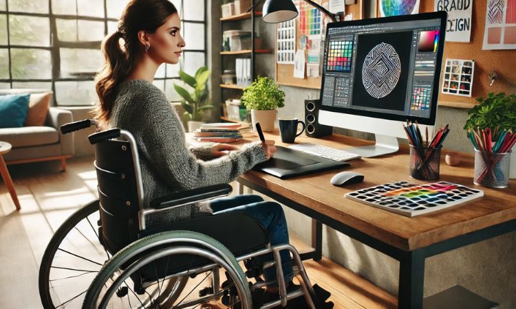مصممة جرافيك من ذوي الاحتياجات الخاصة تنشئ شعارات تجارية باستخدام برنامج رقمي في مساحة عملها المنزلية. وظائف سهلة للبالغين ذوي الاحتياجات الخاصة.