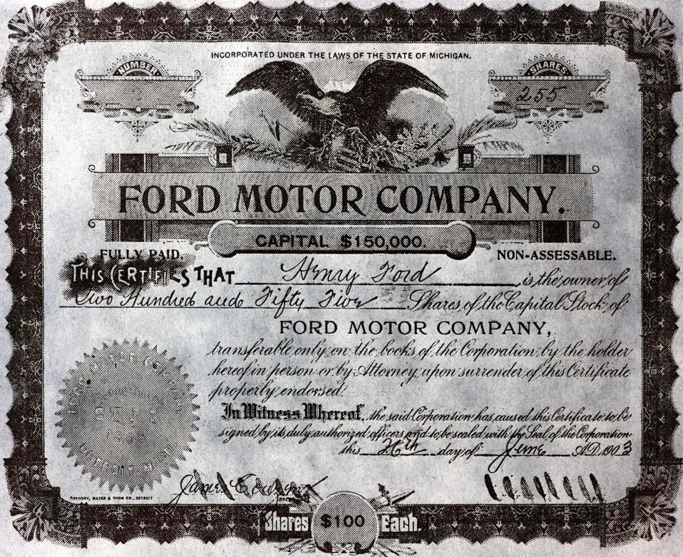 شهادة أسهم في شركة Ford Motor Company، صادرة لهنري فورد نفسه. كان فورد يمتلك 255 سهمًا ... المزيد بقيمة اسمية 10 دولارات للسهم الواحد.