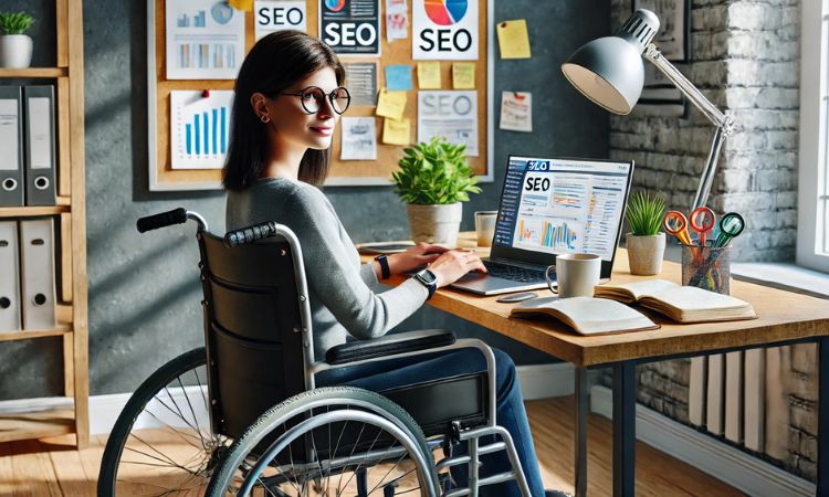 خبيرة SEO من ذوي الاحتياجات الخاصة تُحلل تصنيفات مواقع الويب واتجاهات الكلمات الرئيسية من مكتبها المنزلي. وظائف سهلة للبالغين ذوي الاحتياجات الخاصة.