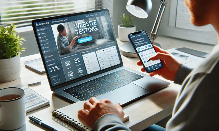 شخص يختبر موقع Userlytics ويشارك في اختبار قابلية استخدام الموقع على جهاز كمبيوتر محمول في بيئة عمل عصرية من المنزل.
