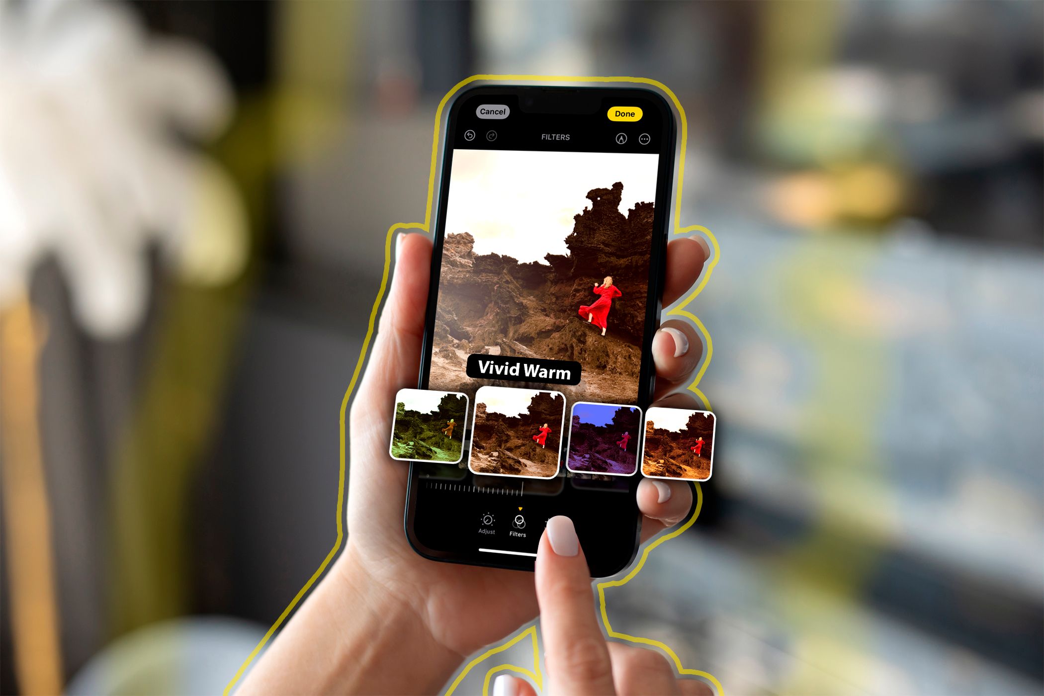 A person selecting filters to apply to a photo on an iPhone.