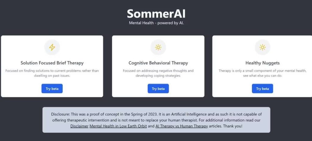 SommerAI (الويب): مُعالج مُدَرب على العلاج المعرفي السلوكي و SFBT