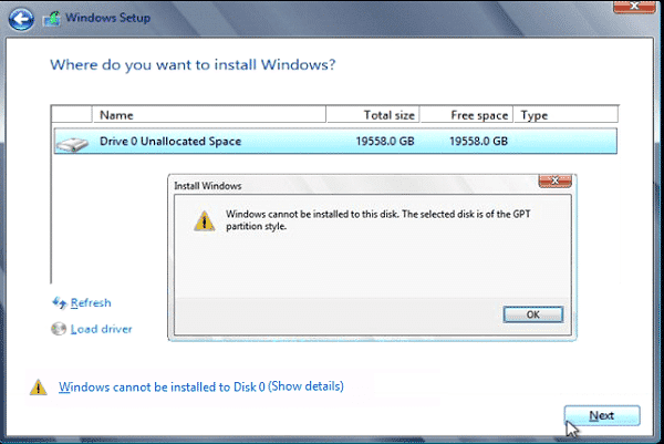 Win8GPTError | مشكلة Windows cannot be installed to this disk عند تثبيت ويندوز و كيف يمكن حلها