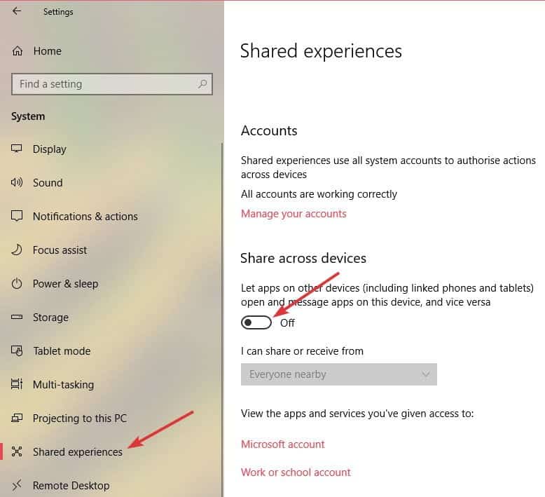 كيفية تعطيل ميزة Shared Experiences في ويندوز 10 - الويندوز