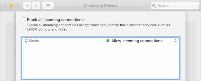 Black all incoming connections checkbox in Mac Firewall preferences app1zQfs DzTechs | هل "الإرسال السريع" (AirDrop) لا يعمل؟ يُمكنك إصلاحه بسرعة مع هذه النصائح