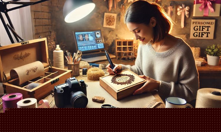 A female artisan personalizing a handcrafted gift in a cozy workshop, illustrating Weekend Part-Time Jobs in custom gifts.