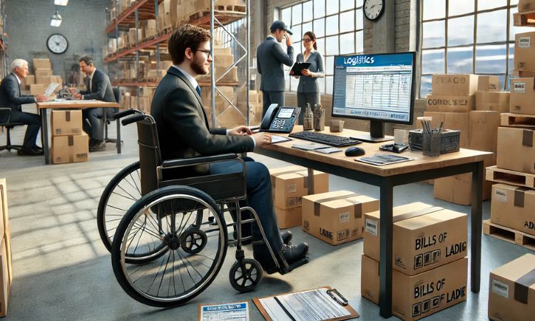 موظف لوجستيات من ذوي الاحتياجات الخاصة على كرسي متحرك، يراجع مستندات الشحن وينسق الشحن في مكتب. وظائف سهلة للبالغين ذوي الاحتياجات الخاصة.