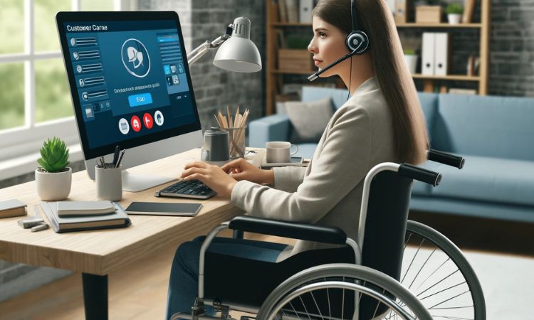 ممثلة خدمة عملاء عبر الإنترنت من ذوي الاحتياجات الخاصة تساعد العملاء عبر سماعة الرأس من مكتبها المنزلي. وظائف سهلة للبالغين ذوي الاحتياجات الخاصة.
